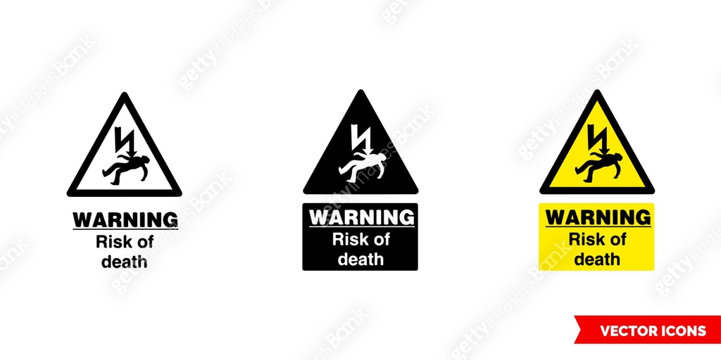 Warning risk of death icon of 3 types color, black and white, outline ...