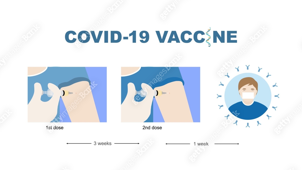 Illustration of vaccine injection in two doses and a man with antibody ...