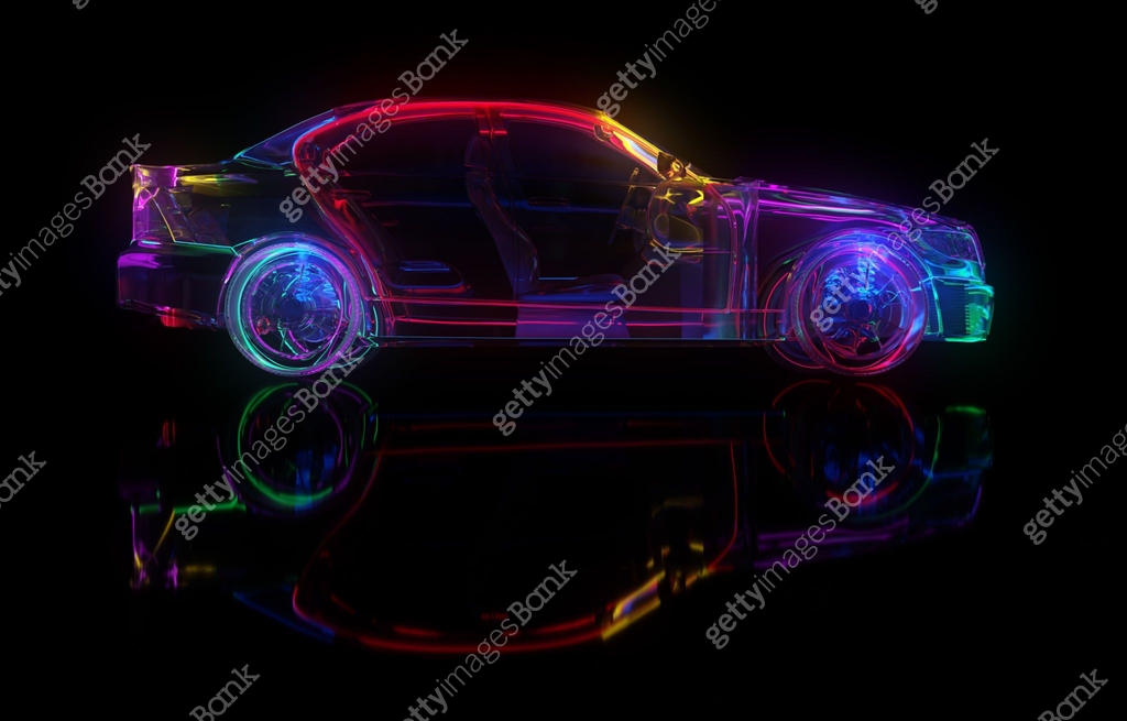 Glass car with neon lighting. The edges of the car are highlighted 이미지 ...