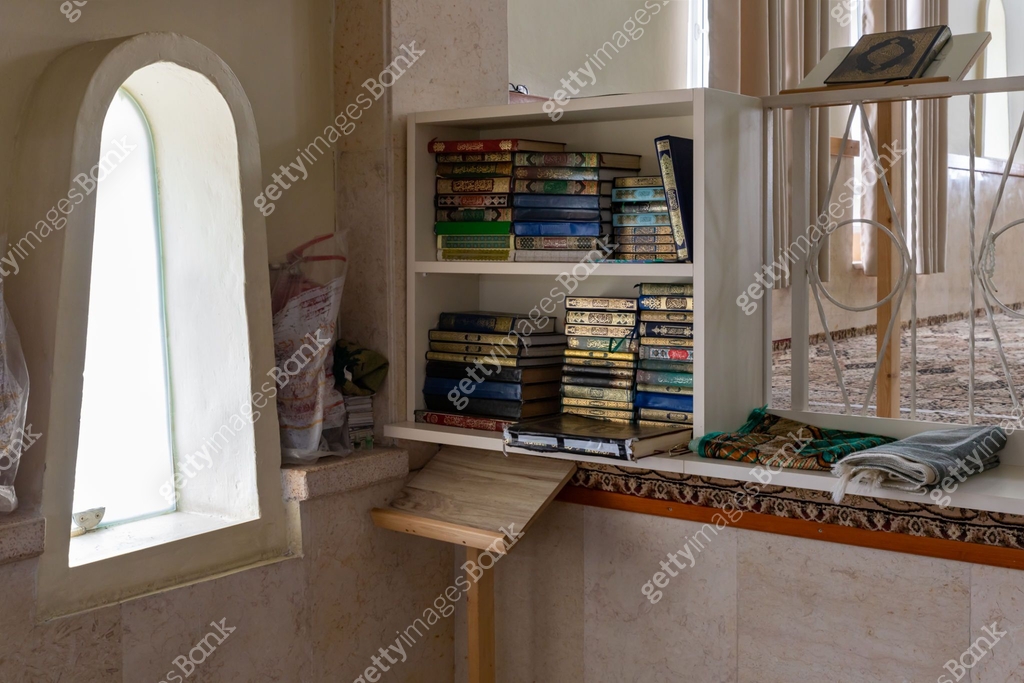 Cabinet with holy books for prayers in the mosque in the Muslim ...