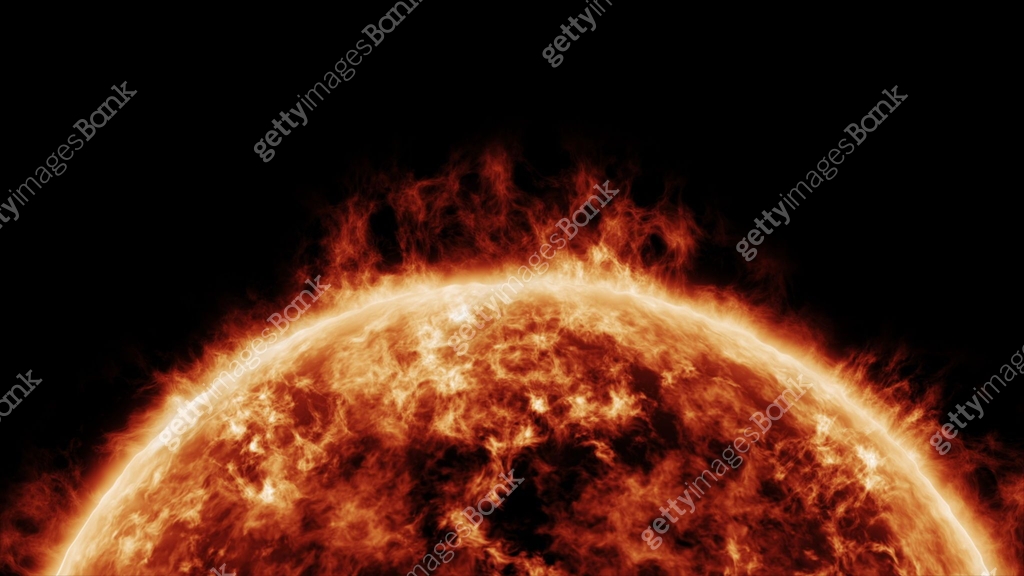 The sun with large solar explosions, realistic red planet sun surface ...