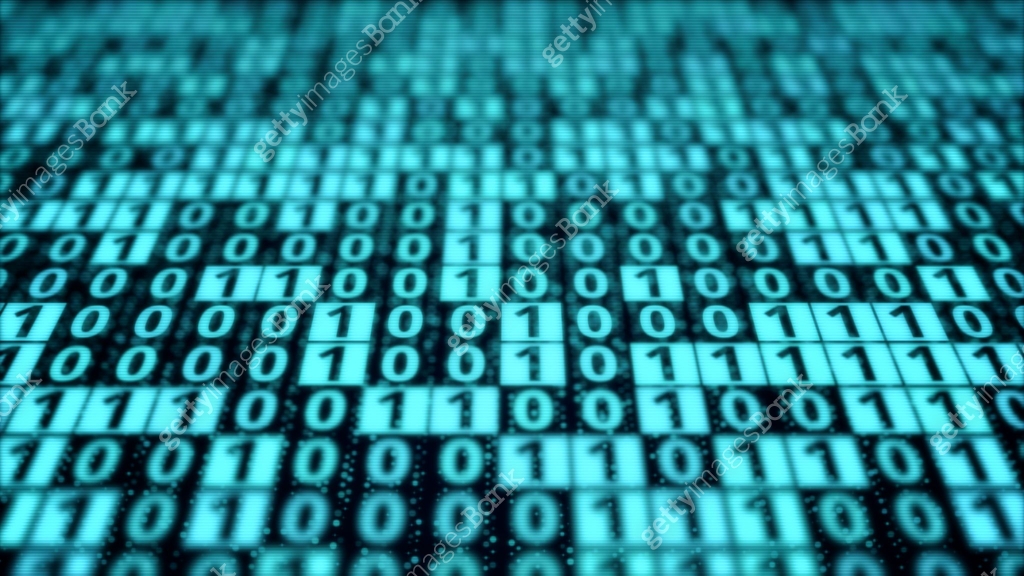 Blue digital binary code matrix on computer monitor display 이미지 ...