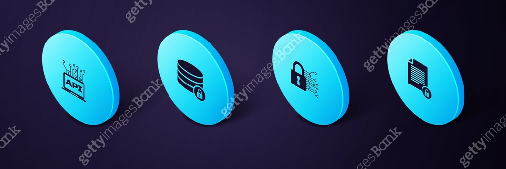 Api Lock Icon Set Isometric Document and lock, Cyber security, Server with and ...