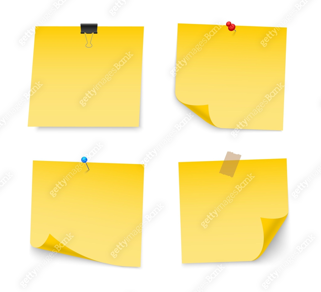 Sticky Notes Facing Front Yellow sticky note paper with push pin, adhesive tape, binder clip ...