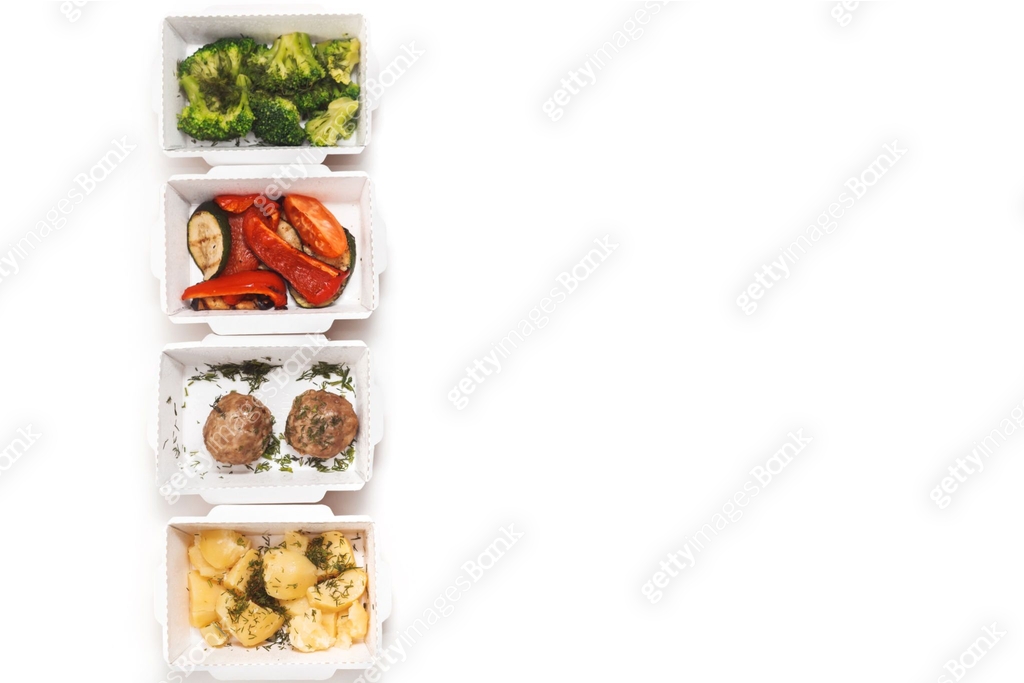 Daily food ration in containers. Delivery from restaurant, set of ...