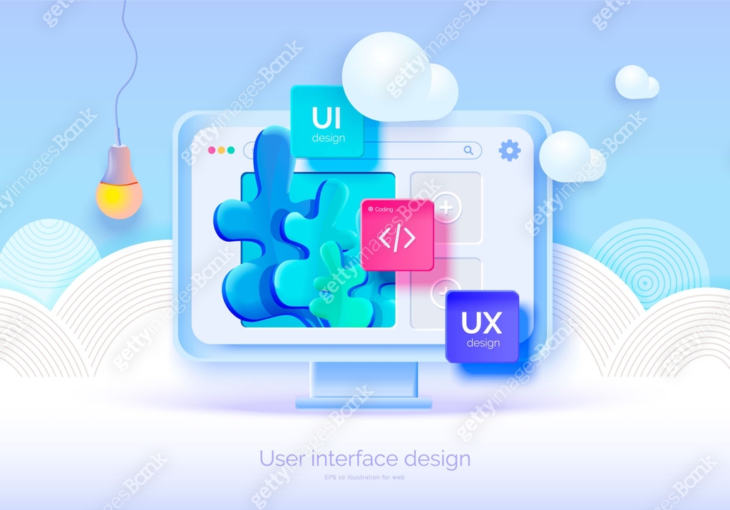 Mockup 3D monitor with user interface elements for web design Software ...