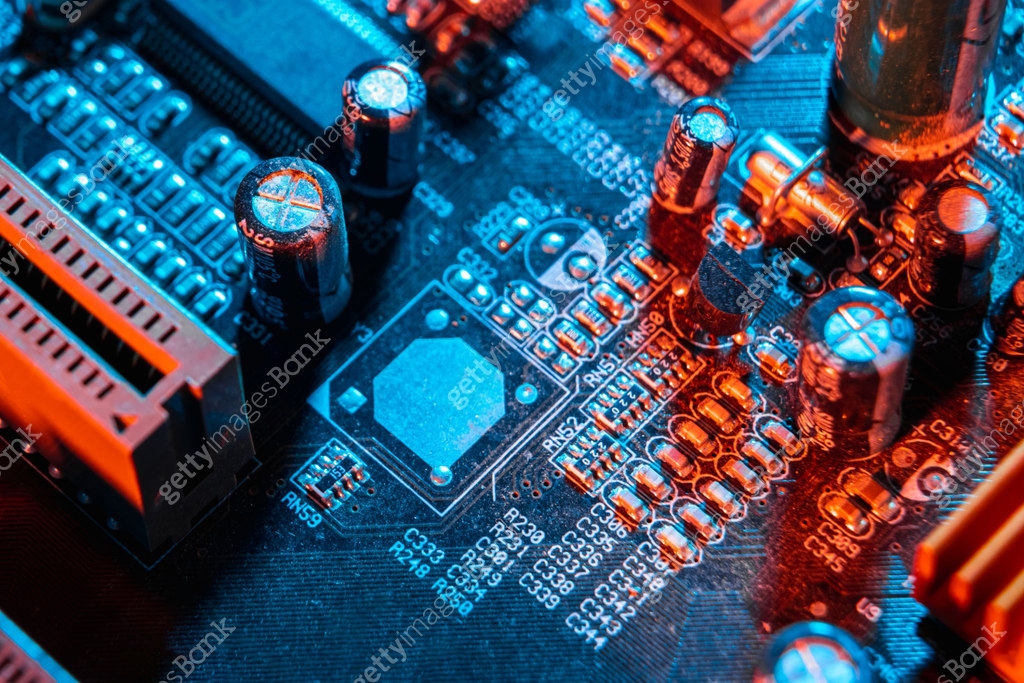 Electronic components on a printed circuit board. Resistor, inductor ...