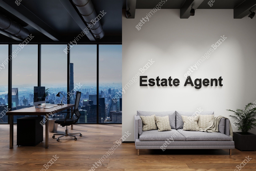 Agent View Lettering modern luxury loft with skyline view and single vintage couch, wall ...