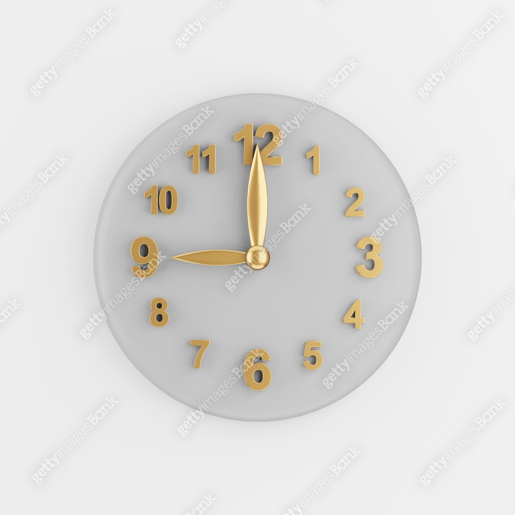 Round Clock Interface Gold modern wall clock icon. 3d rendering gray round key button ...