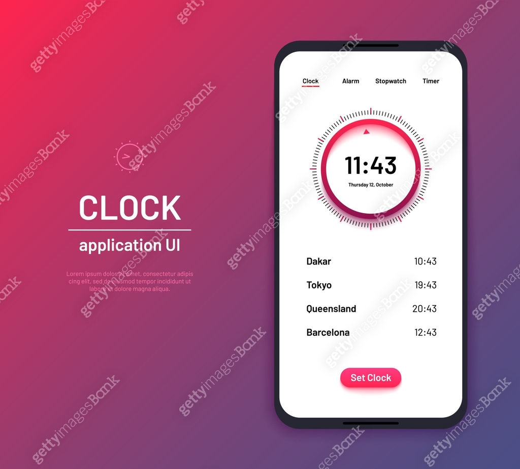 Clock ui. Time countdown interface kit. Modern clock screen phone ...
