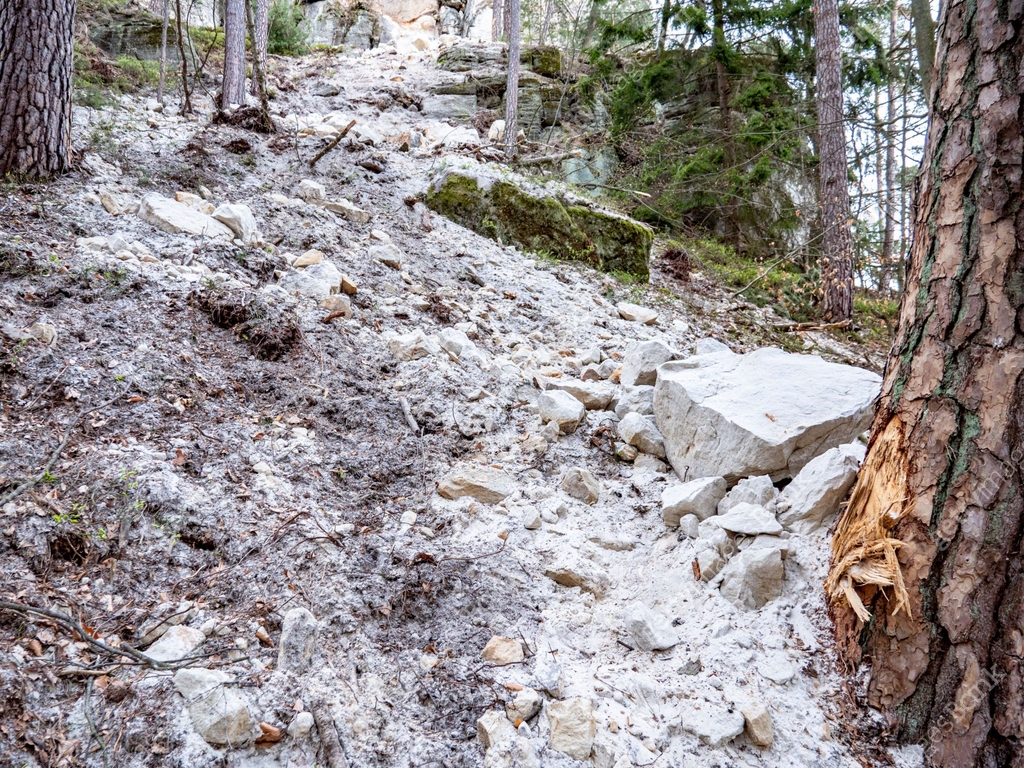 Collapsed rocky boulders fall down from sandstone rocks and landslide ...