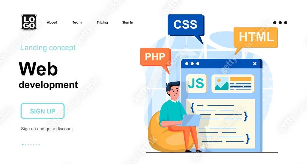 Web development concept. Man develops product, webpage layout, posting ...