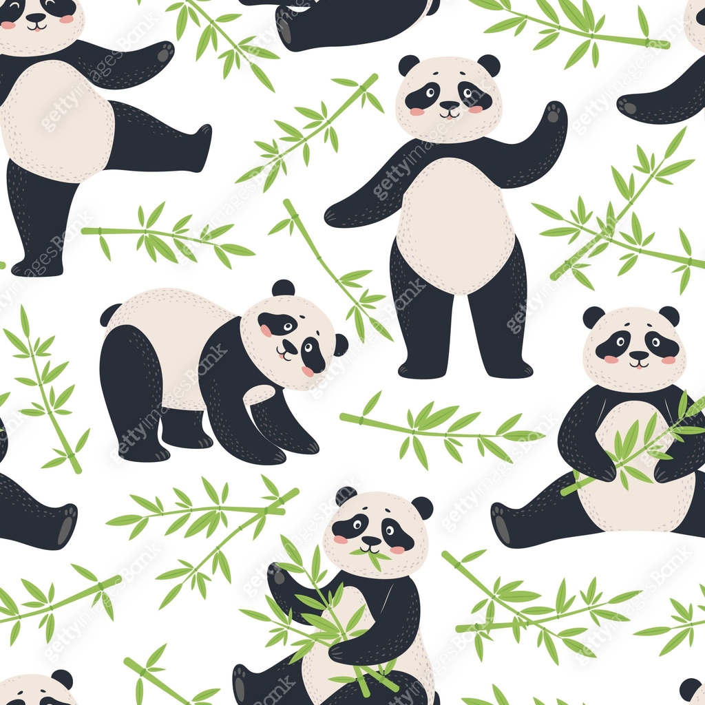 Panda pattern. Cute pandas with bamboo leaves. Cartoon happy asian bear ...