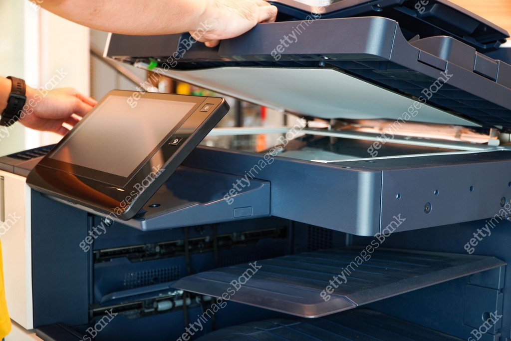 Copy Panel Business man Hand press button on panel of printer, printer scanner ...