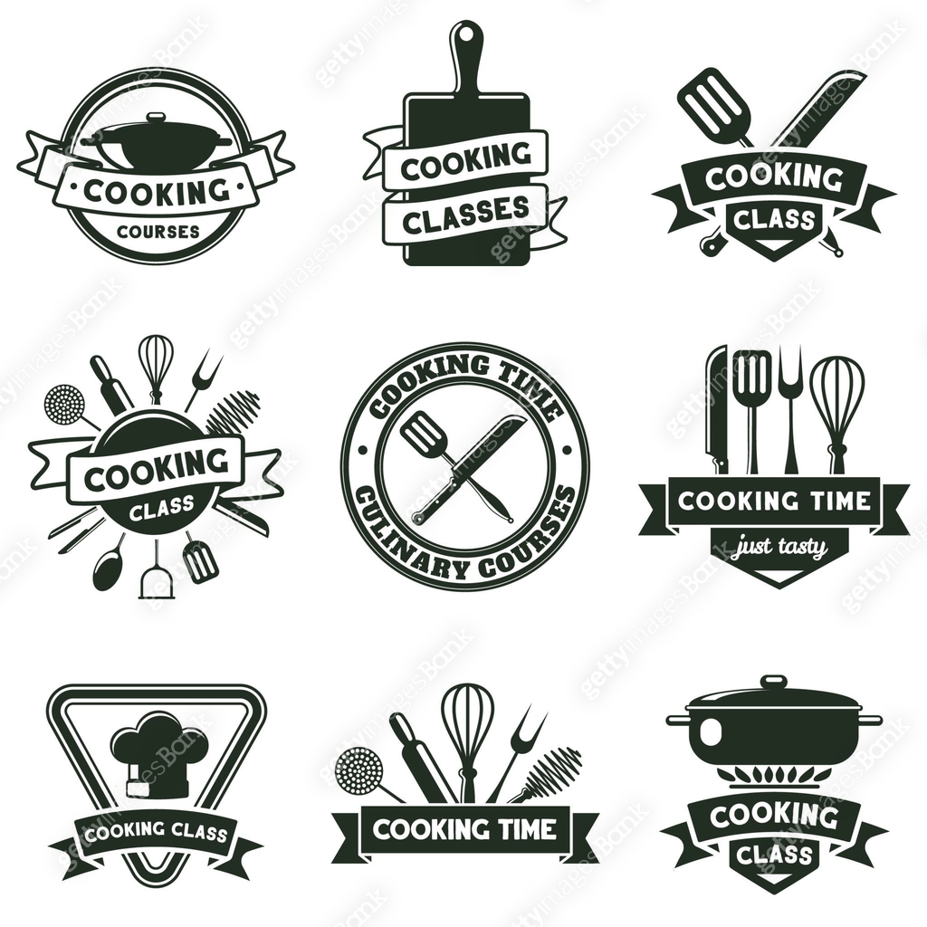 Cooking Label Drawing Kitchen food cooking, cutlery and kitchenware tools emblems. Culinary ...
