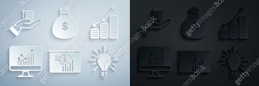 Set Board with graph chart, Pie infographic and coin, Computer monitor ...