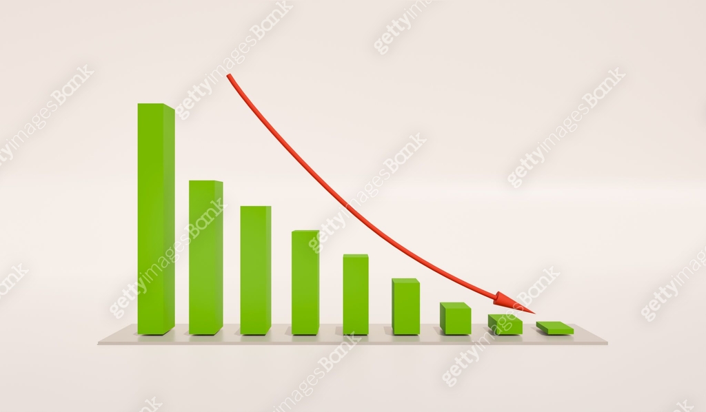Declining bar chart with arrow. Columns in green, arrow in red. There ...