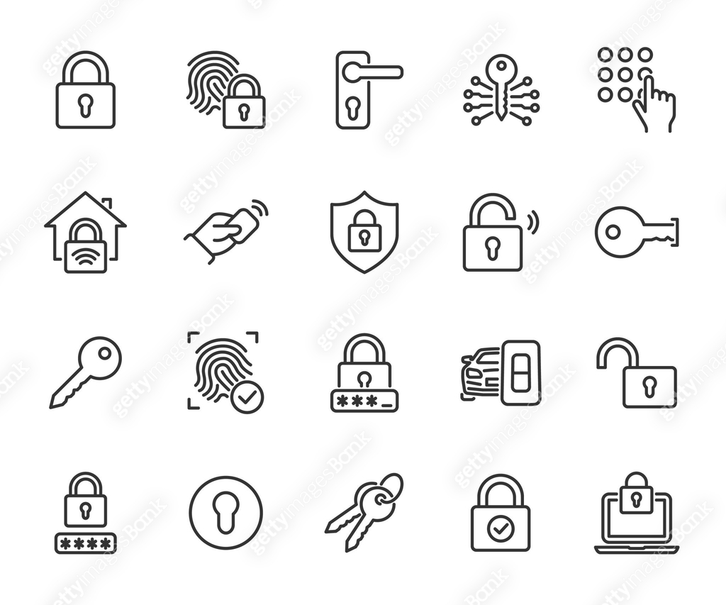 Vector set of lock line icons. Contains icons key, pin code, keyhole ...