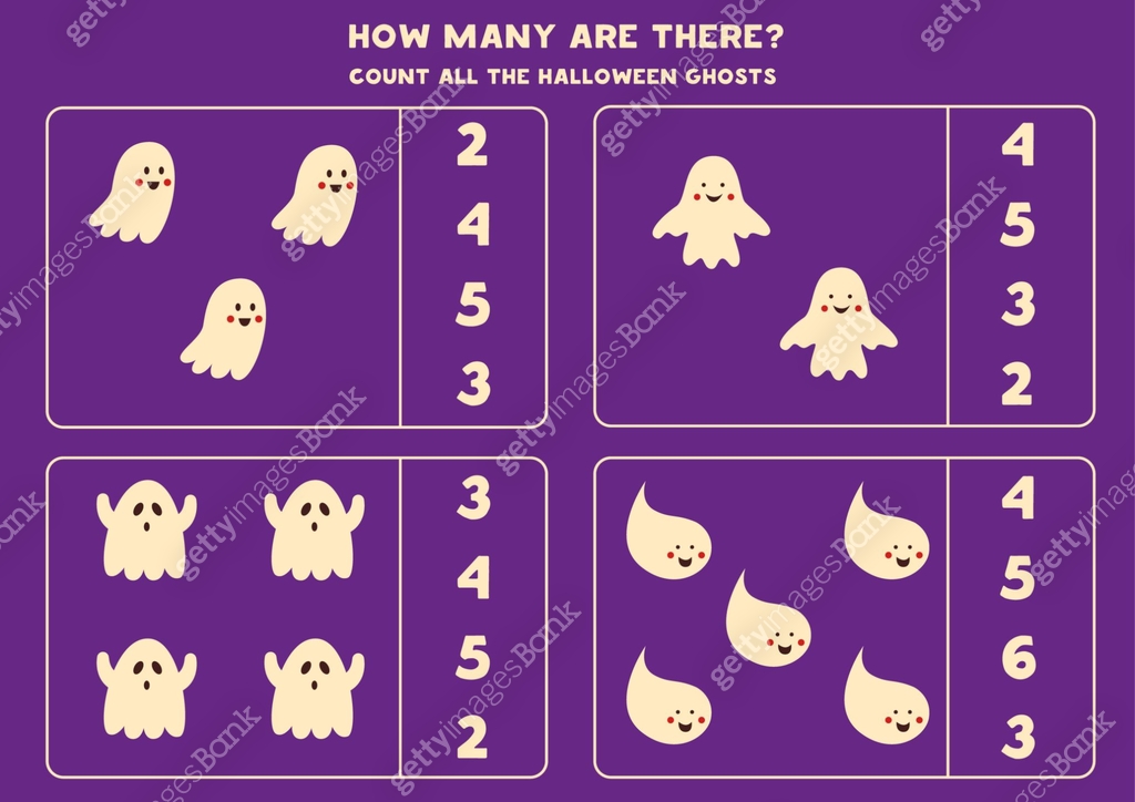 Counting game with Halloween ghosts. Math worksheet. 이미지 (1343558578 ...