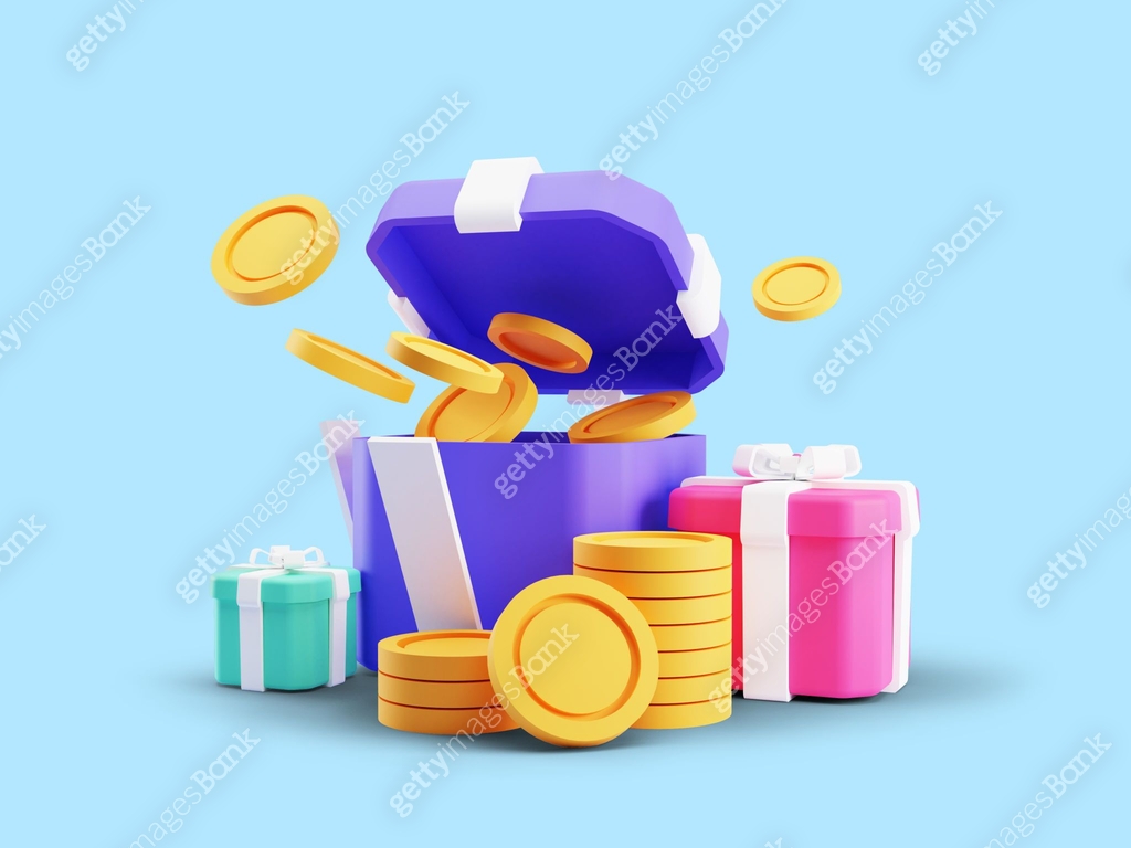 Sample Point Gift 3d render of open gift box suprise, earn point concept, loyalty program ...