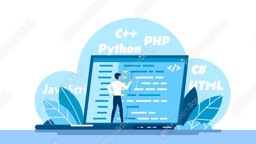 Concept of script coding and programming. JavaScript, PHP, Python, HTML ...