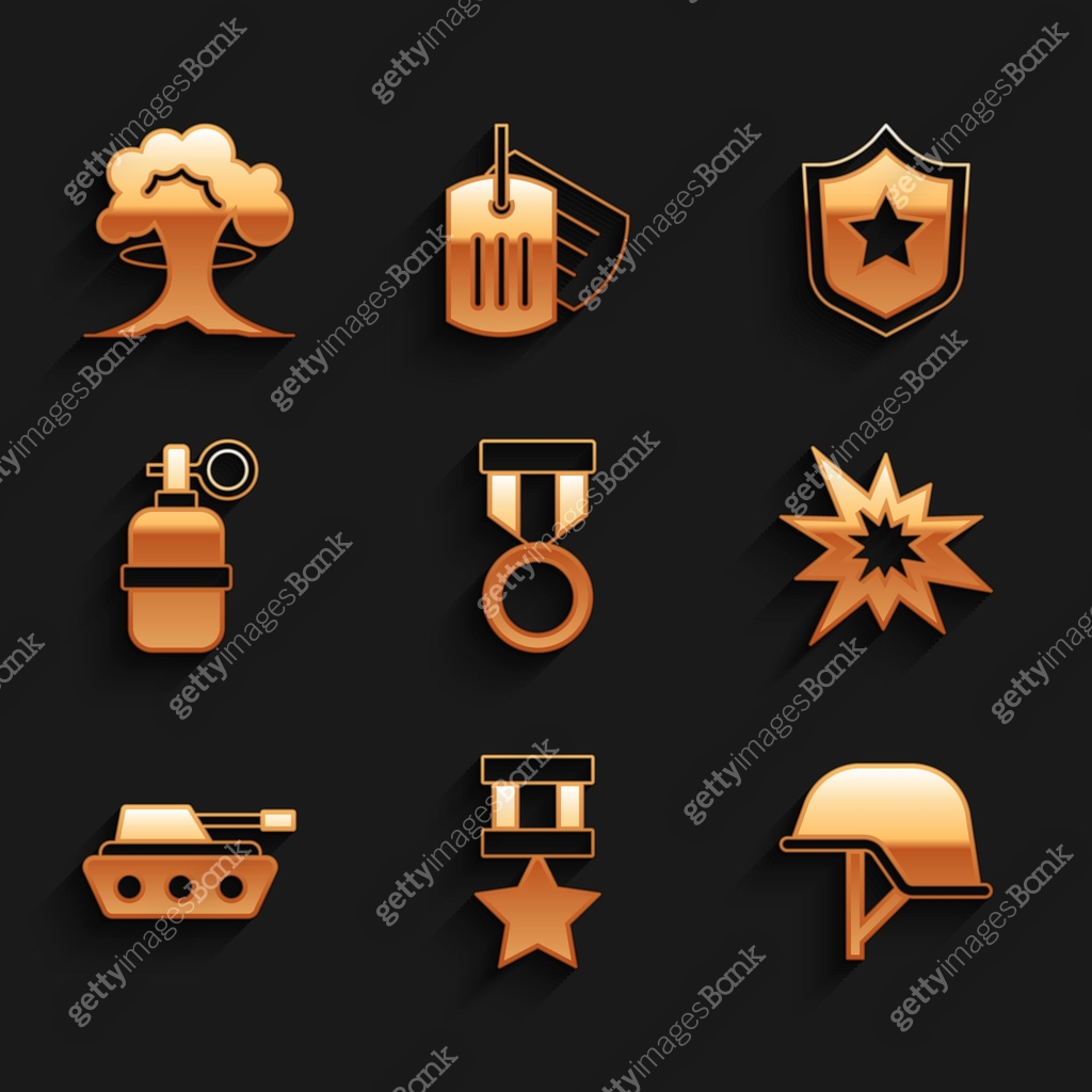 Set Military reward medal, helmet, Bomb explosion, tank, Hand grenade ...