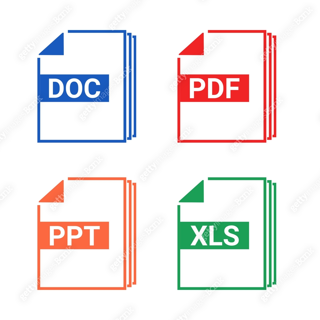 Set of file type. Format and extension of documents. PDF, DOC, PPT and ...