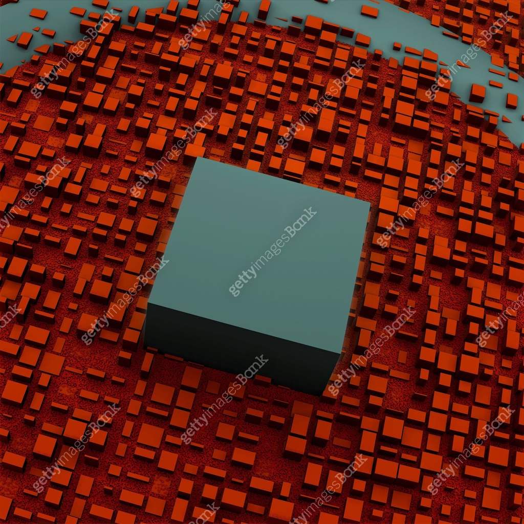 3d abstract image of one big cube and small cubes pattern. Red and grey ...