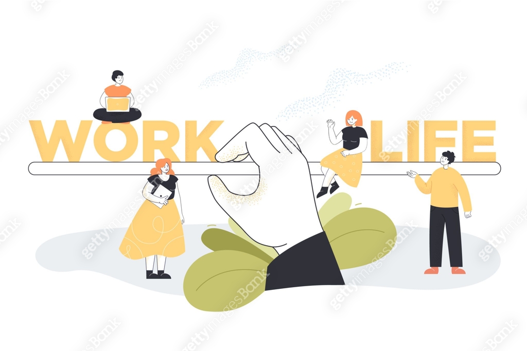 Hand holding tiny people on work life balance scales 이미지 (1355942015 ...