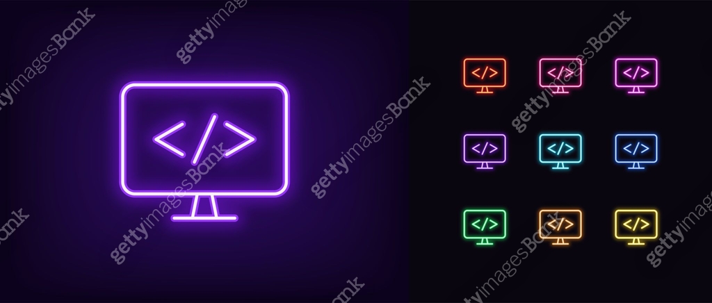 Programming icon in outline neon. Glowing neon computer with code sign ...