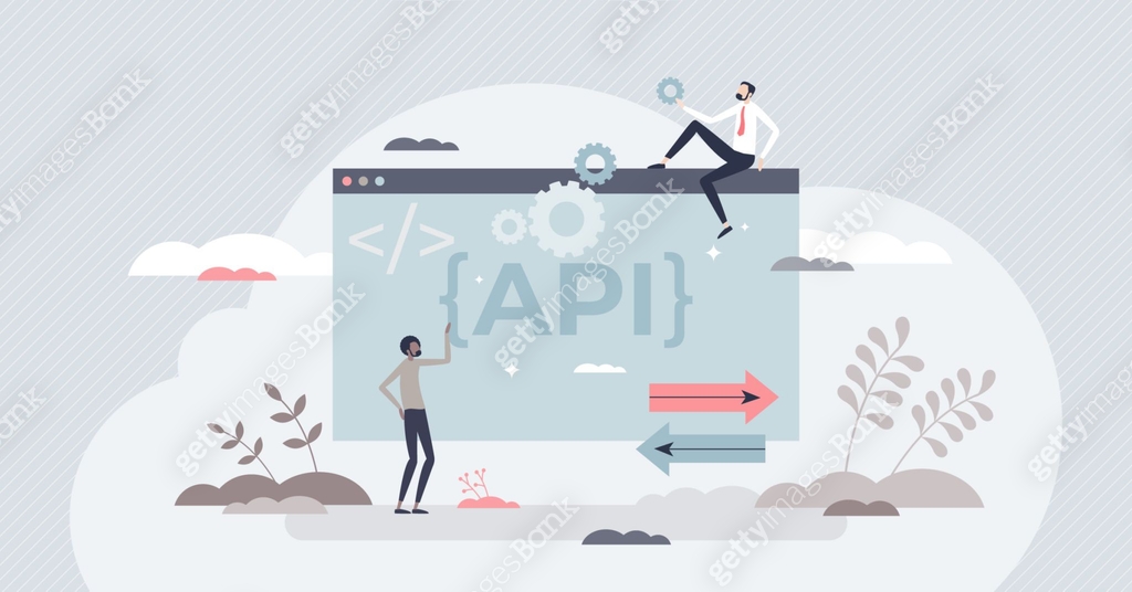 api application programming interface concept with... API as application programming interface and integration tiny person ...