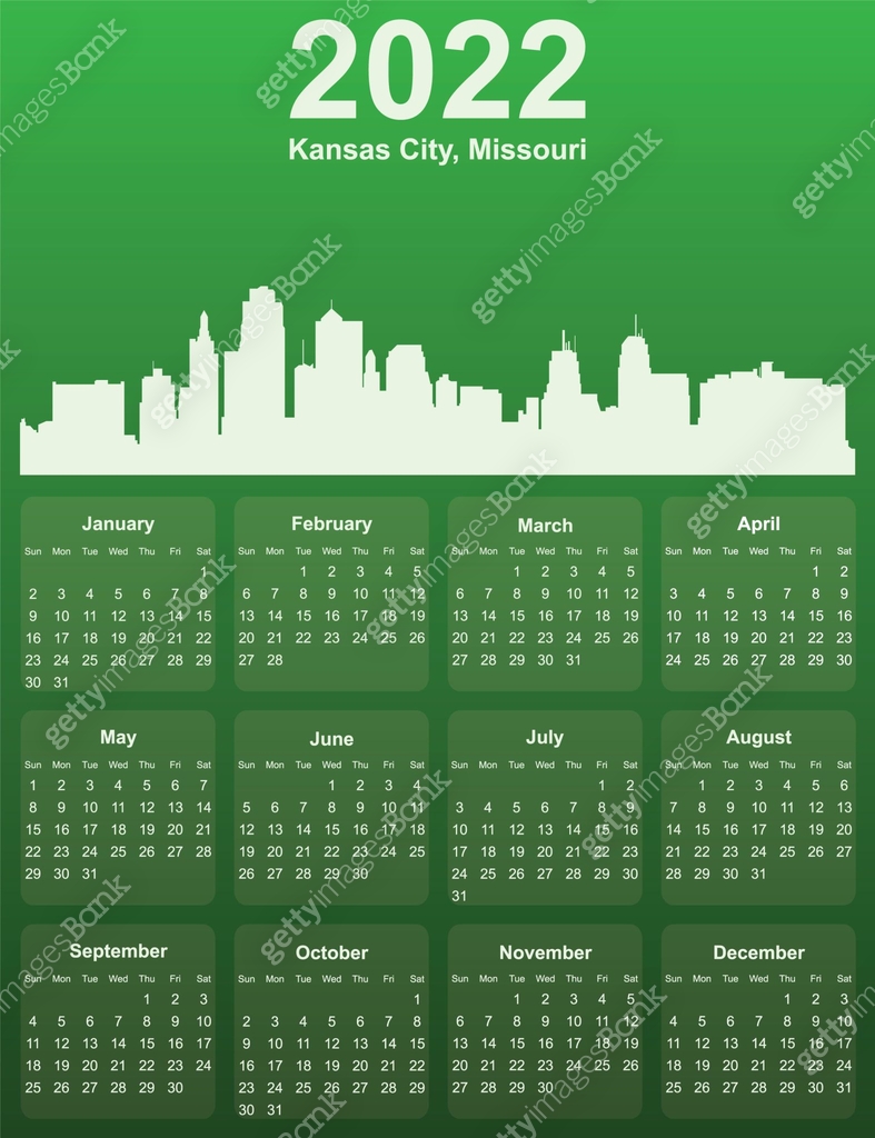 Green stylish 2022 year calendar with cityscape panorama of the city of