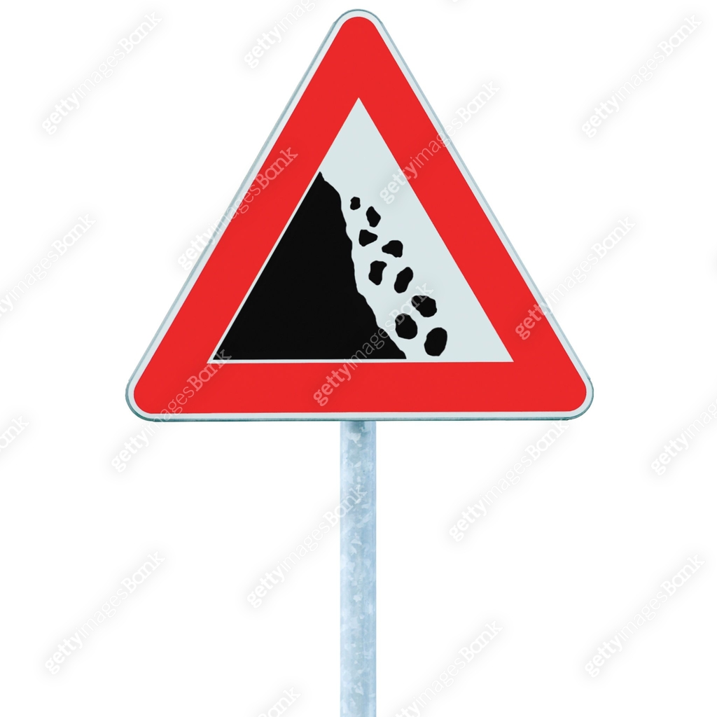 Hidden Rocks Signage Falling rocks risk caution road sign on grey pole post, large detailed ...