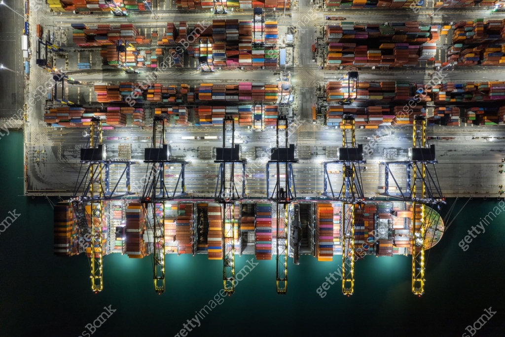 Top view container ship large containers loading containers unloading ...