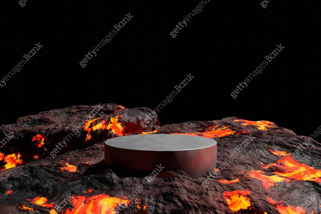 Volcano Platform 3D render Platform and natural Podium lava rocks smelt on volcano with ...