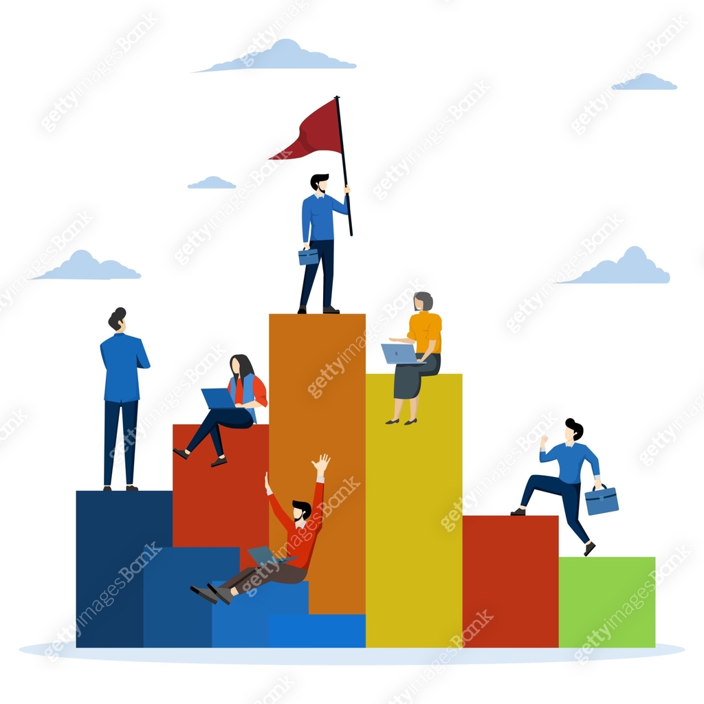 Cartoon Pinnacle teamwork concept, pinnacle of success, partnership cooperation for ...