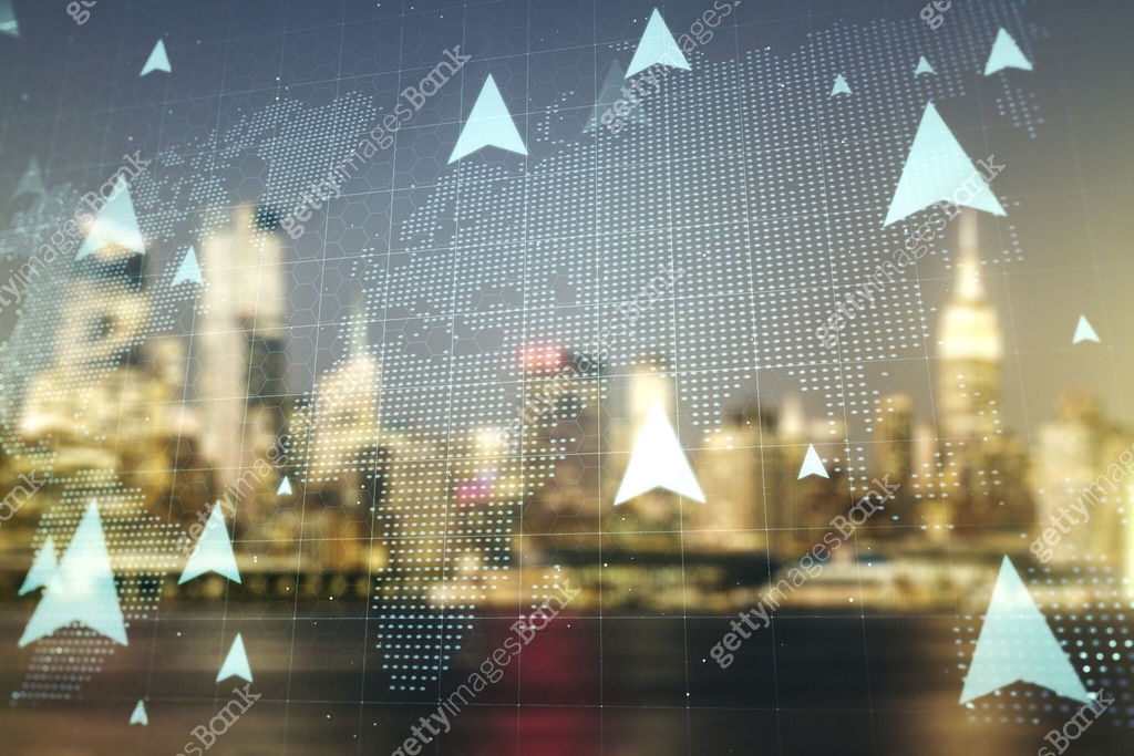 Two Location Background Abstract virtual geolocations map sketch on blurry office buildings ...