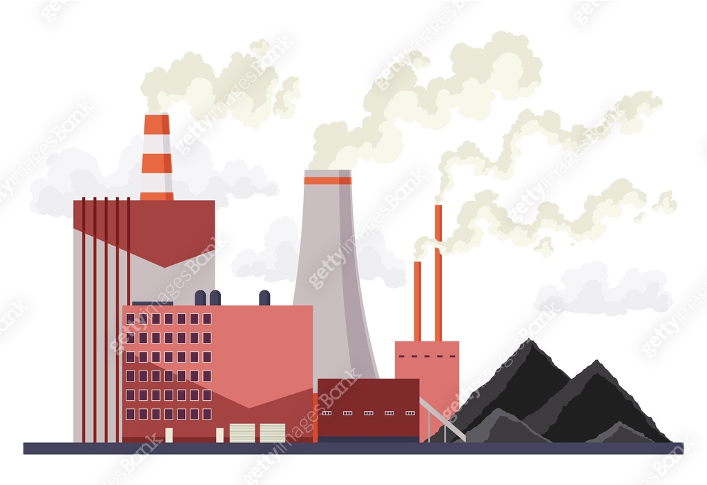 Coal mining plant. Building factory with pipes, smoke and pile of coal ...