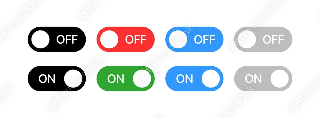 On Off sliders icons set. Flat, color, on button, off button, on off ...