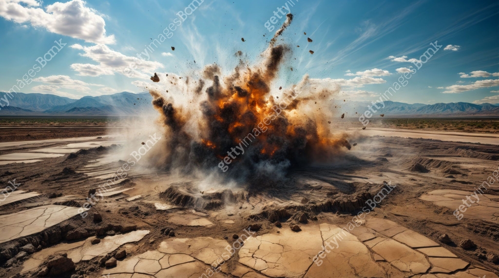 Large Ground Explosion with dense smoke and some debris on a deserted ...