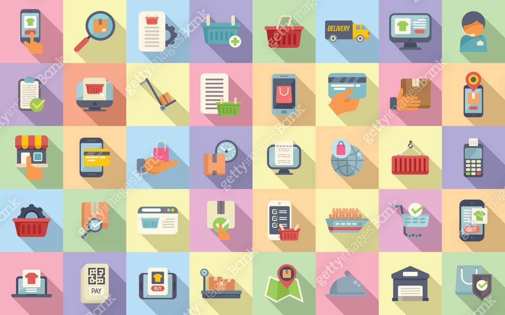 Ordering process icons set flat vector. Delivery box 이미지 (2184216222 ...
