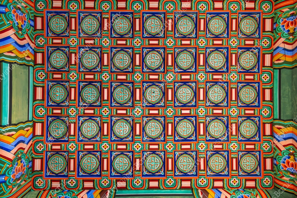 Intricate dancheong patterns on the ceiling of a traditional Korean ...