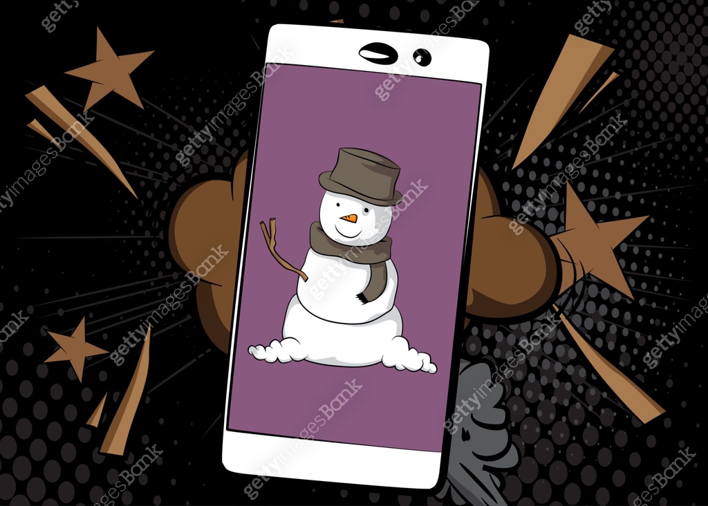 Cartoon Smartphone, comic book Telephone with Snowman. Retro vector ...