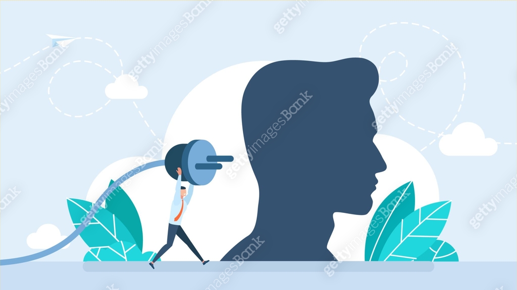 Human head and man putting power plug into socket. Concept of ...