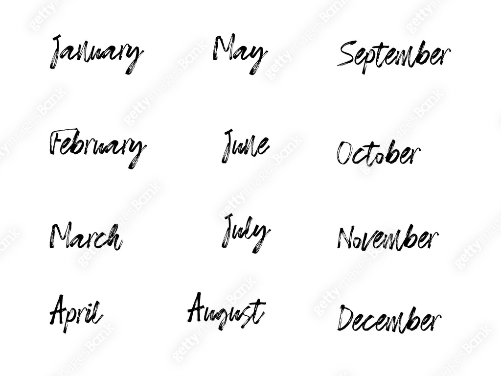 Month Script Circle Month names cursive typography set. Handwritten calligraphic outline ...