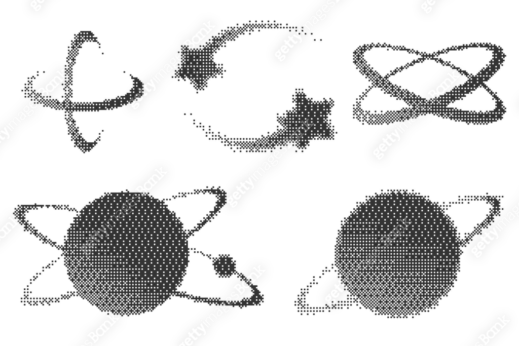 Bitmap pattern abstract cosmic shapes. Vector planets with orbits and ...