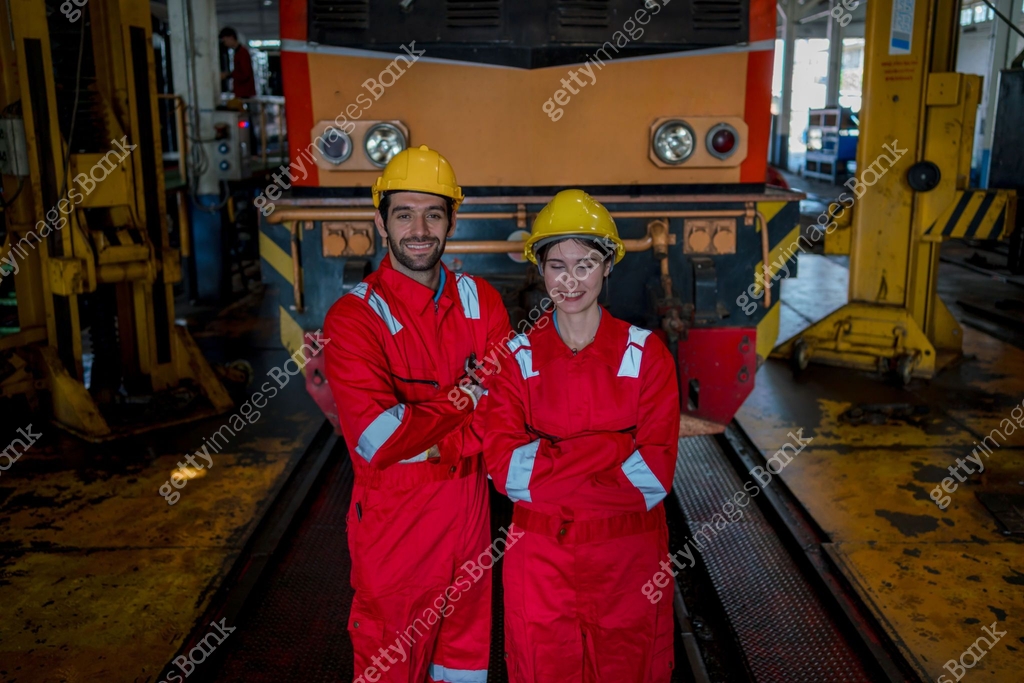 Process Building Train Engineer checking construction process railway and checking work on ...