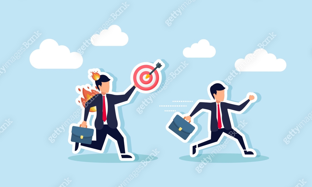 A businessman running to avoid a chasing businessman on fire carrying a ...