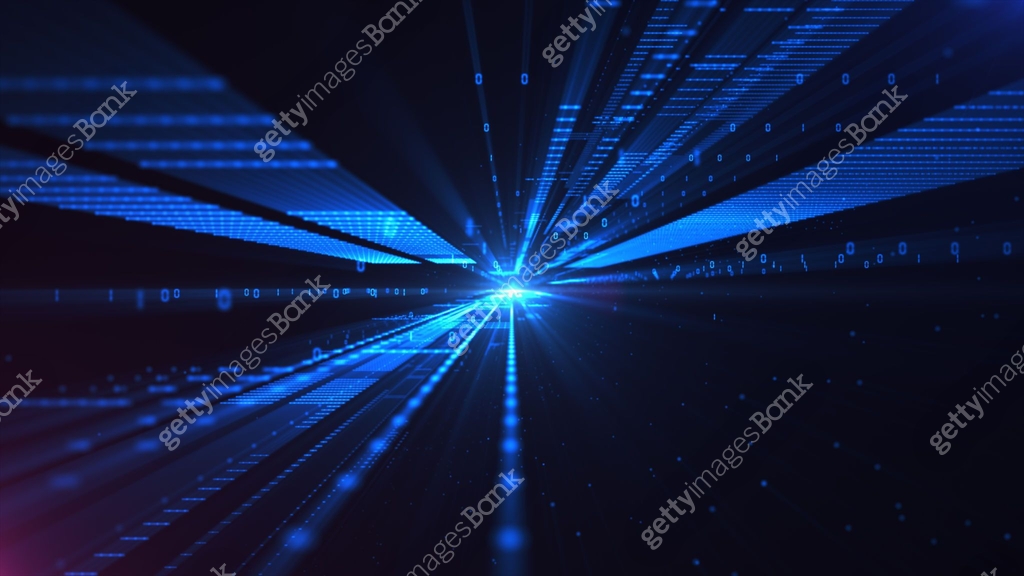 Blue cyberspace with digital light beam surrounded by binary code and ...