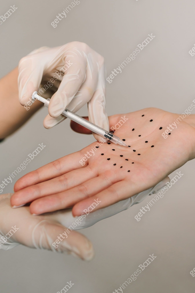 Markup of the hyperhidrosis treatment. Care of palm sweating. Marking ...